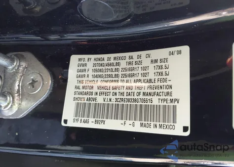 2008 Honda Cr-V Lx из США, поврежденный, VIN 3CZRE38338G705515